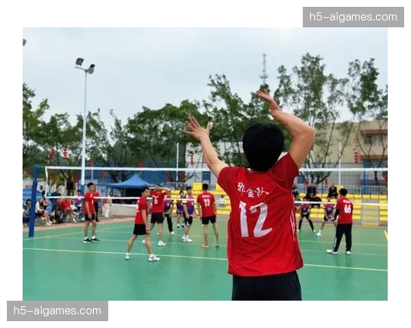 台山九人排球赛场上球员奋力拼搏默契协作，场下邻里乡亲围坐助威